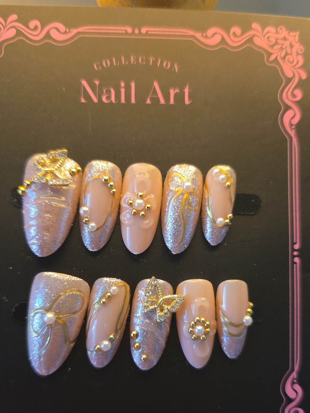 Nail Art Press-On Set in Nude Pink and Shimmer Silver - Size 1-7-6-7-9